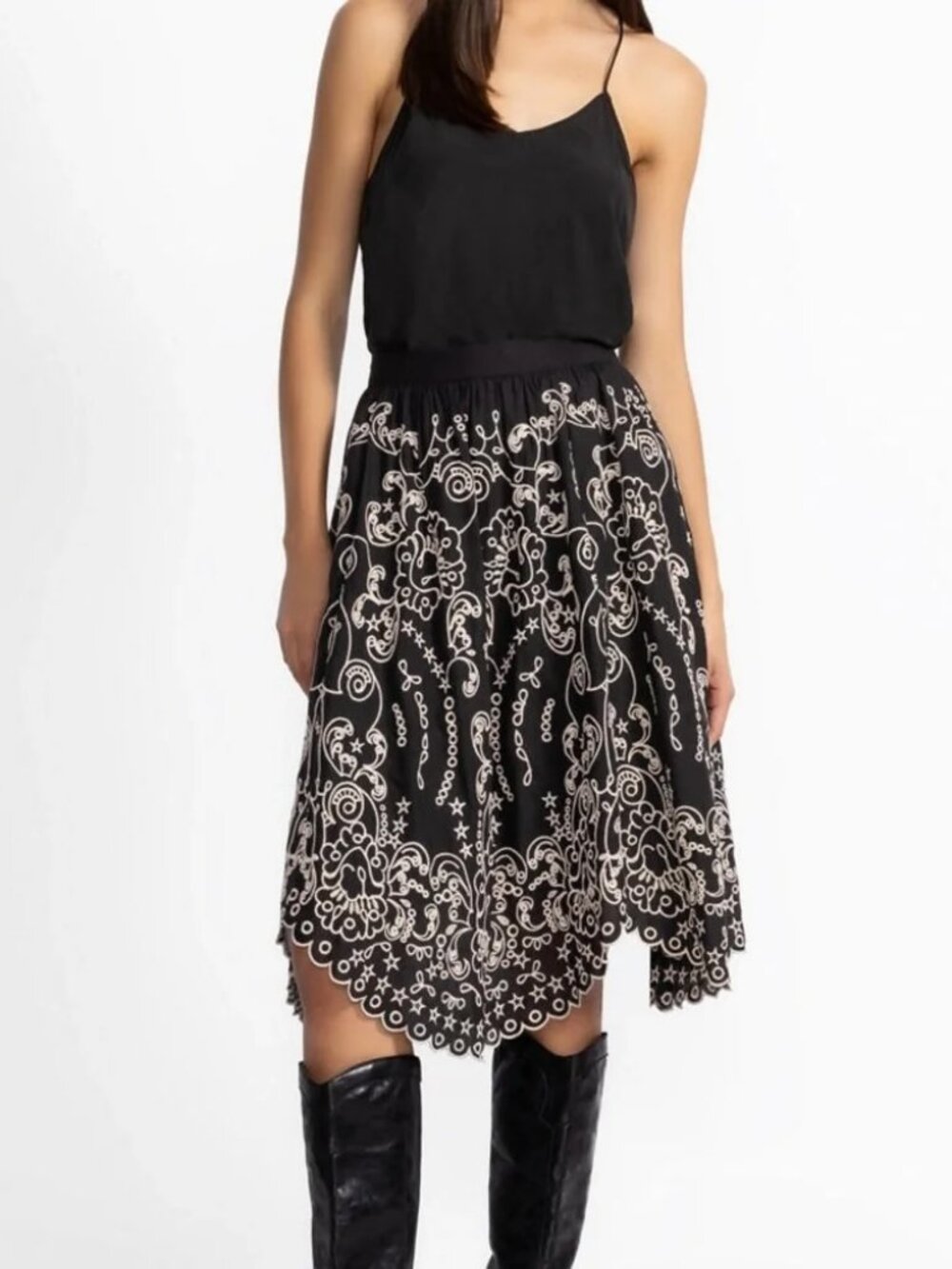 Jade Johnny Was Embroidered BOHO lined Millie Pull-On Skirt NWT Sz L Orig $465